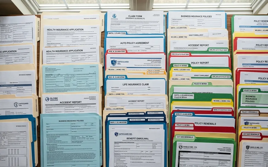 Insurance paperwork laid out on a desk